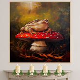 Toad Wall Art Featuring Woodland Toad Resting on Red Mushroom in Autumn Forest Magical Nature Scene for Cottagecore Décor Fairycore Fans and Nature Lovers on Ready to Hang 1.5" Thick Canvas Wrap, Floating Framed Canvas, Flat Rolled Canvas